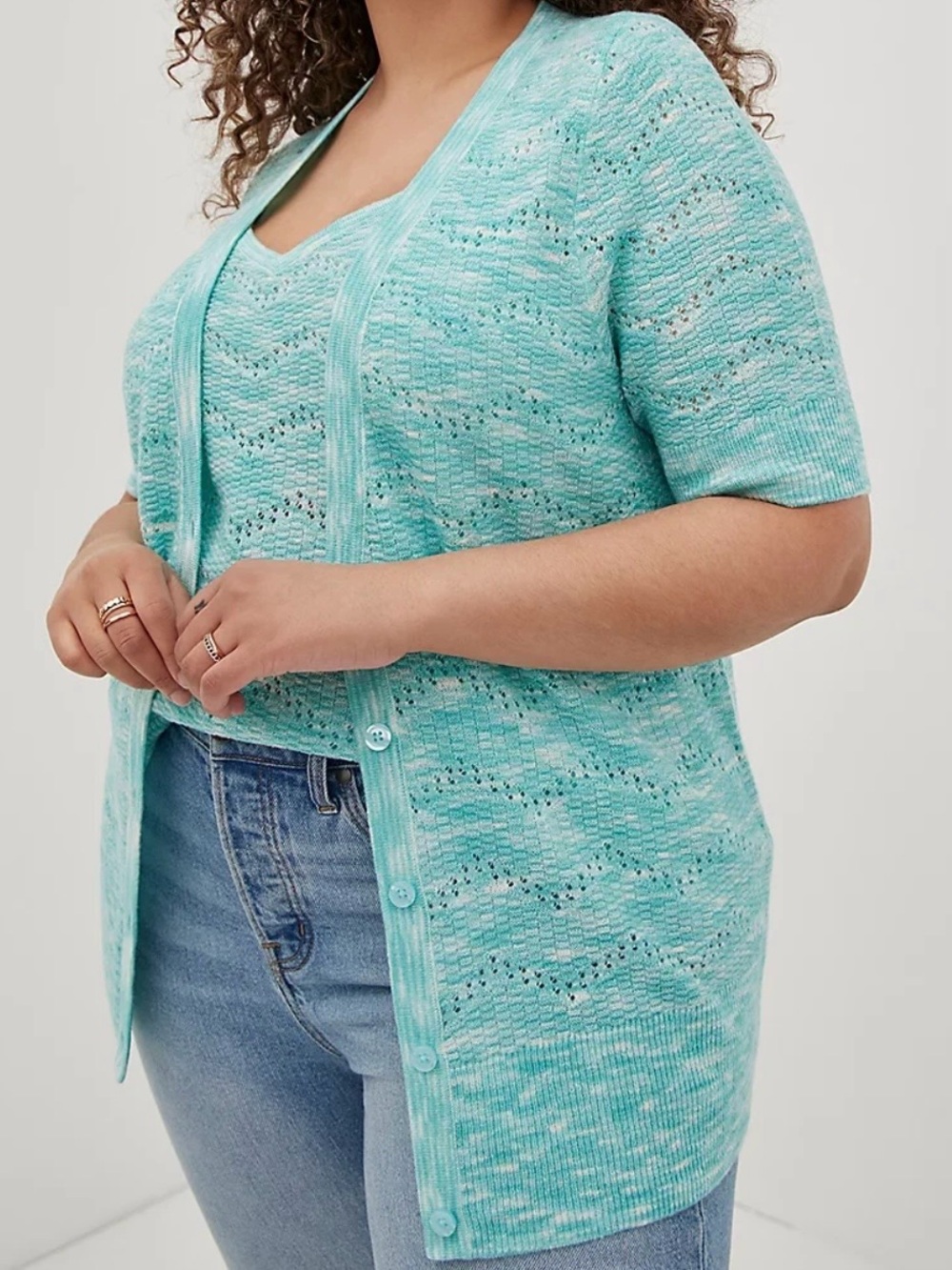 NWT Torrid Marbled Pointelle Turquoise Aqua Short Sleeve Cardigan Sweater 1X